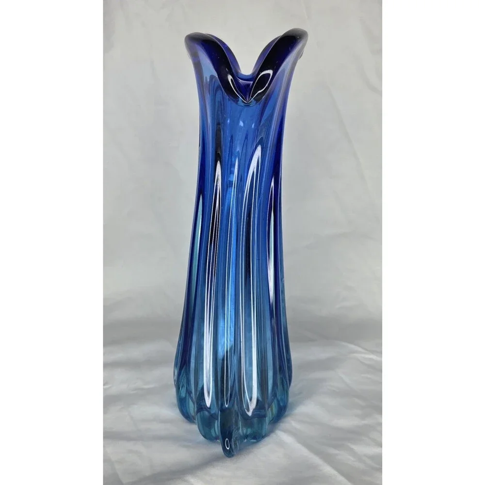 Large Vintage Mid Century Murano Mermaid Tail Blue Glass Vase No Tag & Chips
